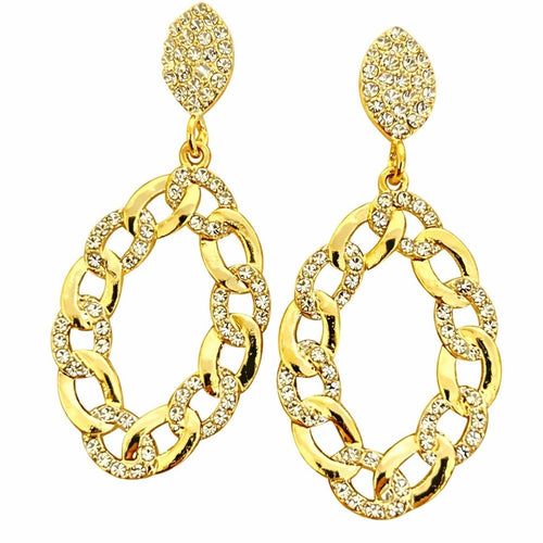 Gold Crystal Pavé Chain Link Drop Earrings – 2.5” Statement Dangles - Sable & Red
