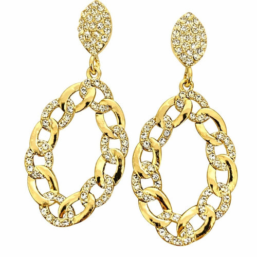 Gold Crystal Pavé Chain Link Drop Earrings – 2.5” Statement Dangles - Sable & Red