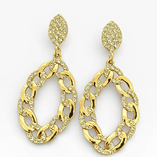 Gold Crystal Pavé Chain Link Drop Earrings – 2.5” Statement Dangles - Sable & Red