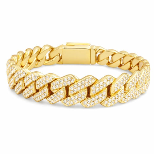 Gold Cuban Link Bracelet with Pave Crystals 14mm • 7.5” - Sable & Red