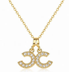 Gold Double CC Crystal Pendant Necklace 18” Chain - Sable & Red