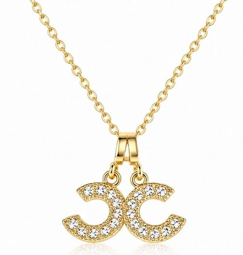 Gold Double CC Crystal Pendant Necklace 18” Chain - Sable & Red