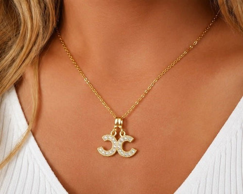 Gold Double CC Crystal Pendant Necklace 18” Chain - Sable & Red