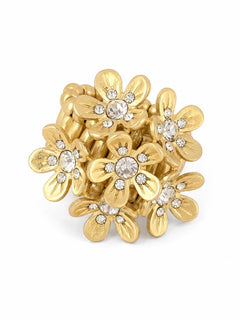 Gold Floral Crystal Cluster Stretch Ring - Sable & Red