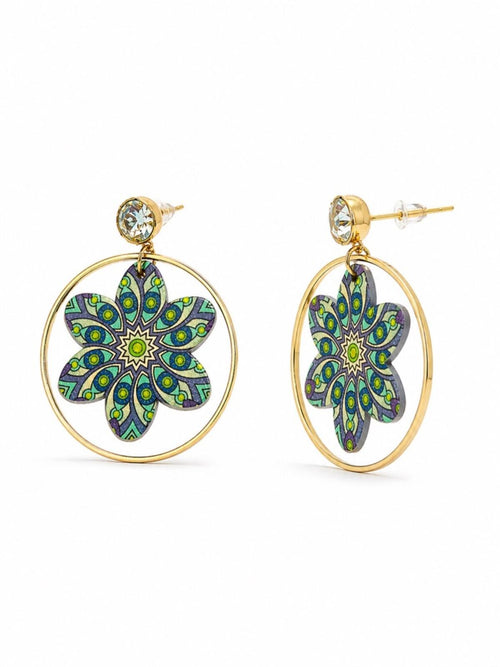 Gold Hoop Floral Drop Earrings Mandala Boho Chic Statement - Sable & Red