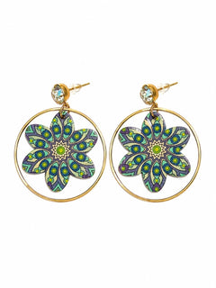 Gold Hoop Floral Drop Earrings Mandala Boho Chic Statement - Sable & Red