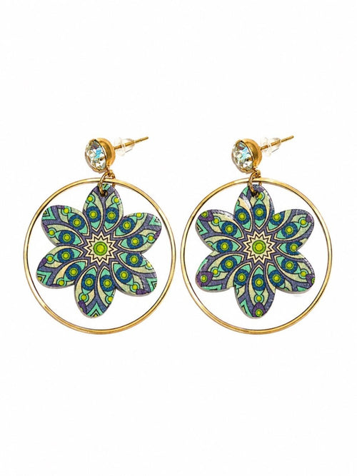 Gold Hoop Floral Drop Earrings Mandala Boho Chic Statement - Sable & Red