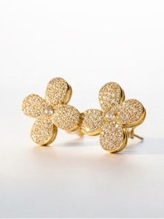 Gold Pave Crystal and Pearl Clover Stud Earrings Statement - Sable & Red