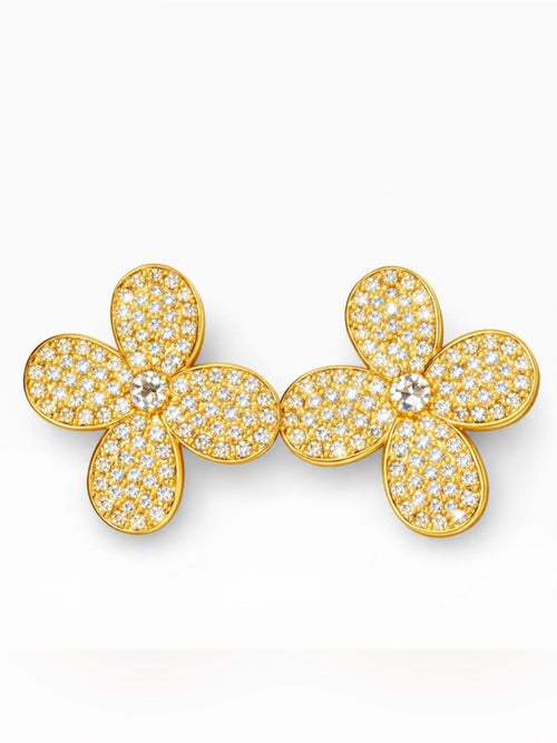 Gold Pave Crystal and Pearl Clover Stud Earrings Statement - Sable & Red