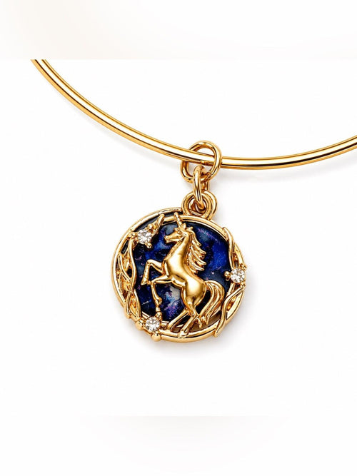 Gold Starry Night Unicorn Charm Bangle Bracelet w/ Cubic Zirconia - Sable & Red