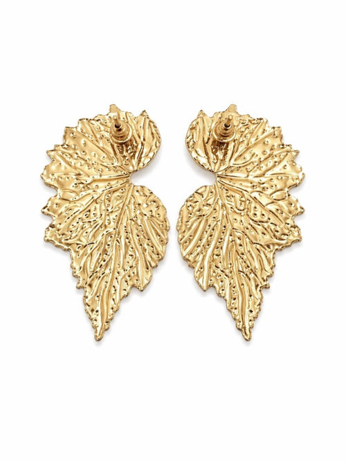 Gold Textured Leaf Statement Stud Earrings Botanical Vein Design - Sable & Red