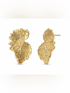 Gold Textured Leaf Statement Stud Earrings Botanical Vein Design - Sable & Red