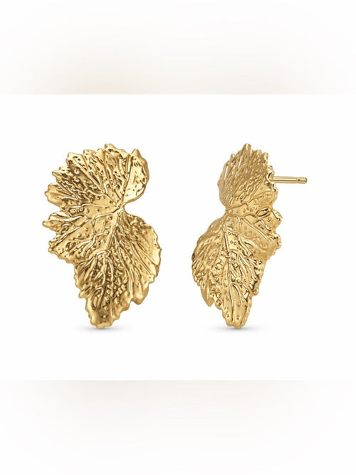 Gold Textured Leaf Statement Stud Earrings Botanical Vein Design - Sable & Red