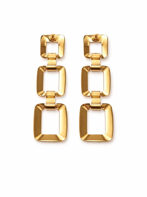 Gold Triple Link Geometric Drop Earrings Statement 2.75” - Sable & Red