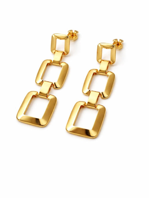 Gold Triple Link Geometric Drop Earrings Statement 2.75” - Sable & Red