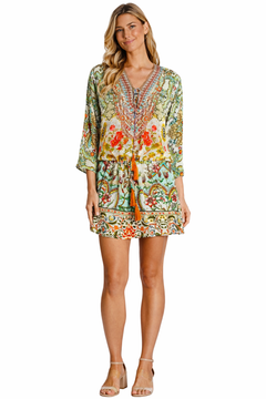 Green & Yellow Tropical Floral Tunic Mini Dress - Sable & Red