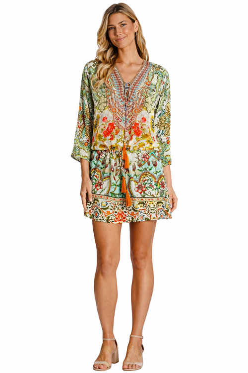 Green & Yellow Tropical Floral Tunic Mini Dress - Sable & Red