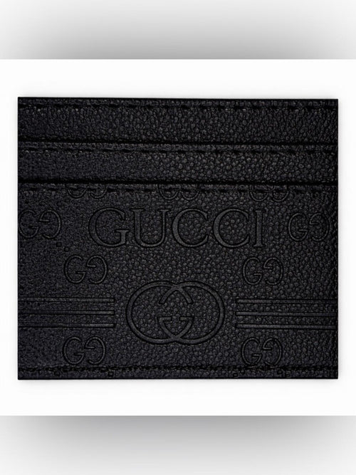 Gucci GG Debossed Leather Card Holder Wallet in Black Calfskin Leather - Sable & Red