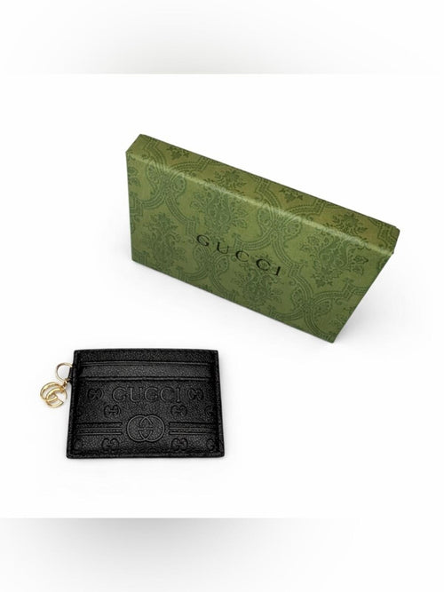 Gucci GG Debossed Leather Card Holder Wallet in Black Calfskin Leather - Sable & Red