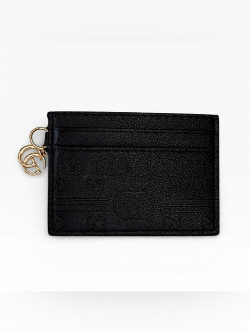 Gucci GG Debossed Leather Card Holder Wallet in Black Calfskin Leather - Sable & Red