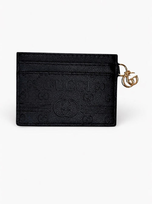 Gucci GG Debossed Leather Card Holder Wallet in Black Calfskin Leather - Sable & Red