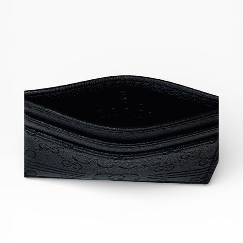 Gucci GG Debossed Leather Card Holder Wallet in Black Calfskin Leather - Sable & Red