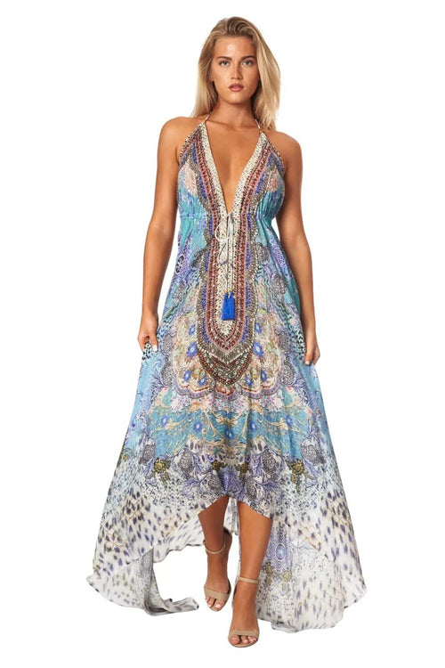 Halter Neck Backless Resort Dress For Women - Sable & Red