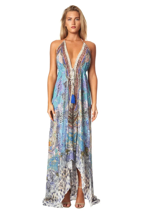Halter Neck Backless Resort Dress For Women - Sable & Red
