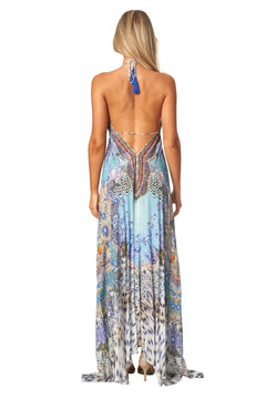Halter Neck Backless Resort Dress For Women - Sable & Red