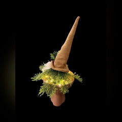 Handcrafted Whimsical Lighted Gnome with Greenery & Rustic Hat - Sable & Red