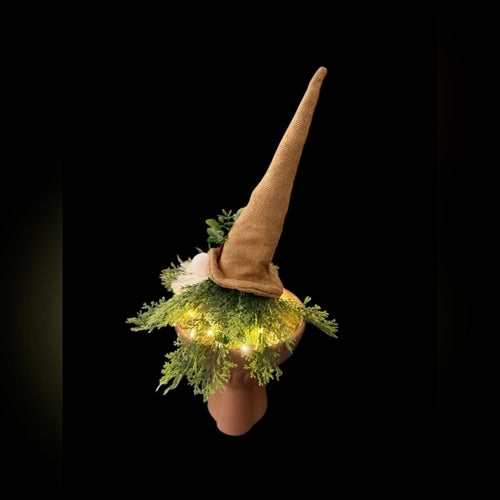 Handcrafted Whimsical Lighted Gnome with Greenery & Rustic Hat - Sable & Red