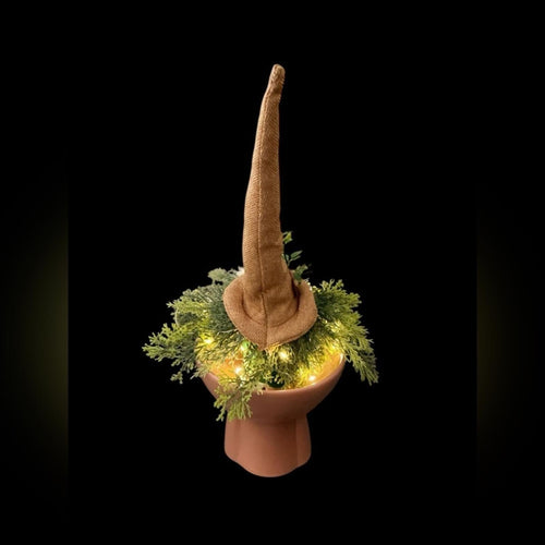 Handcrafted Whimsical Lighted Gnome with Greenery & Rustic Hat - Sable & Red