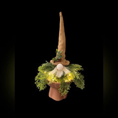 Handcrafted Whimsical Lighted Gnome with Greenery & Rustic Hat - Sable & Red