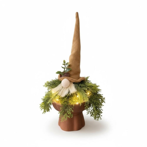 Handcrafted Whimsical Lighted Gnome with Greenery & Rustic Hat - Sable & Red