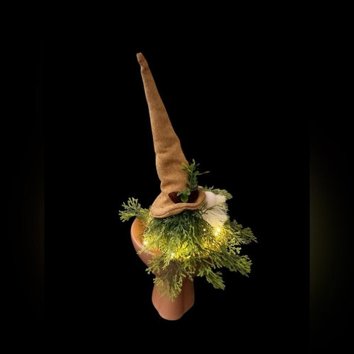 Handcrafted Whimsical Lighted Gnome with Greenery & Rustic Hat - Sable & Red
