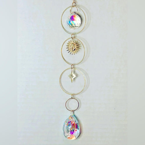 Hanging Gold Crystal Suncatcher Colorful Prism Pendant 16in - Sable & Red