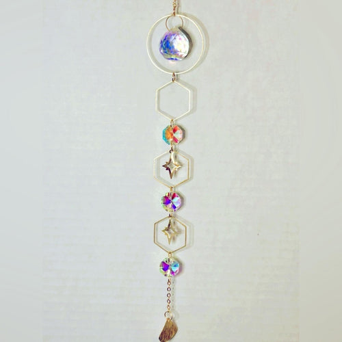 Hanging Gold Crystal Suncatcher Colorful Prism Pendant 17.5in - Sable & Red