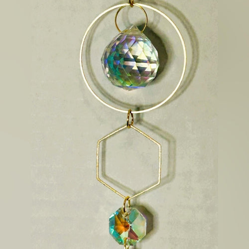 Hanging Gold Crystal Suncatcher Colorful Prism Pendant 17.5in - Sable & Red