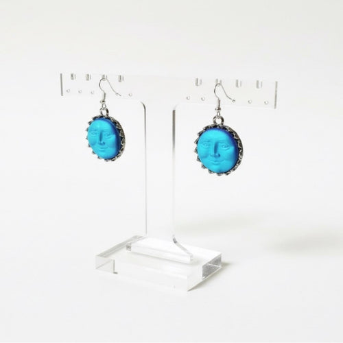 Iridescent Blue Moon Face Earrings Hand Crafted Sterling Silver Wires - Sable & Red
