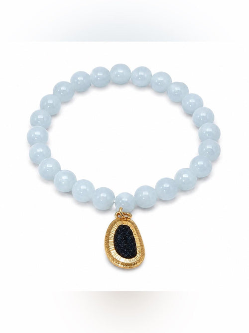 Jia Jia Aquamarine Stretch Bracelet Charcoal Druzy 18k Gold Plate NEW - Sable & Red