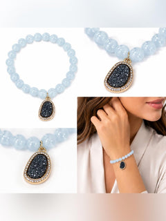 Jia Jia Aquamarine Stretch Bracelet Charcoal Druzy 18k Gold Plate NEW - Sable & Red