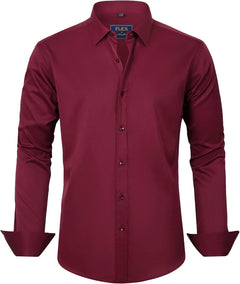 J.VER Men's Dress Shirts Solid Long Sleeve Stretch Wrinkle-Free Formal Shirt Business Casual Button Down Shirts - Sable & Red