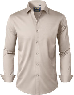 J.VER Men's Dress Shirts Solid Long Sleeve Stretch Wrinkle-Free Formal Shirt Business Casual Button Down Shirts - Sable & Red