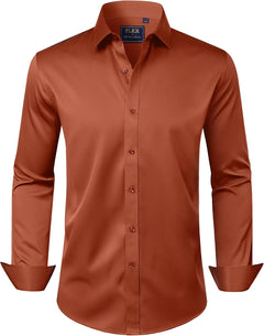 J.VER Men's Dress Shirts Solid Long Sleeve Stretch Wrinkle-Free Formal Shirt Business Casual Button Down Shirts - Sable & Red