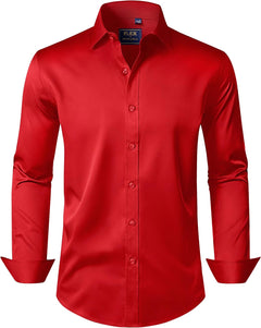 J.VER Men's Dress Shirts Solid Long Sleeve Stretch Wrinkle-Free Formal Shirt Business Casual Button Down Shirts - Sable & Red