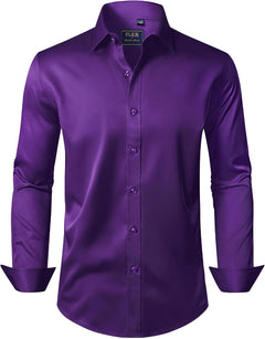 J.VER Men's Dress Shirts Solid Long Sleeve Stretch Wrinkle-Free Formal Shirt Business Casual Button Down Shirts - Sable & Red