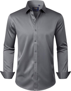 J.VER Men's Dress Shirts Solid Long Sleeve Stretch Wrinkle-Free Formal Shirt Business Casual Button Down Shirts - Sable & Red