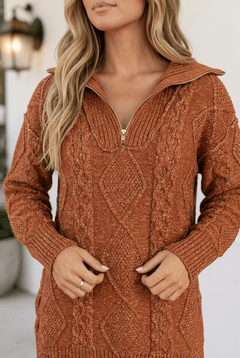 Keith Knit Drop Shoulder Long Sweater - Sable & Red