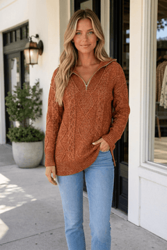 Keith Knit Drop Shoulder Long Sweater - Sable & Red