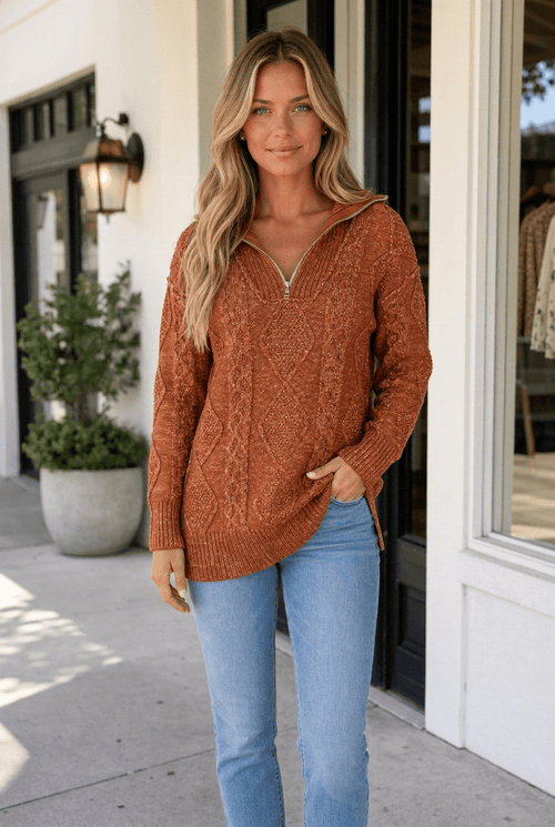 Keith Knit Drop Shoulder Long Sweater - Sable & Red
